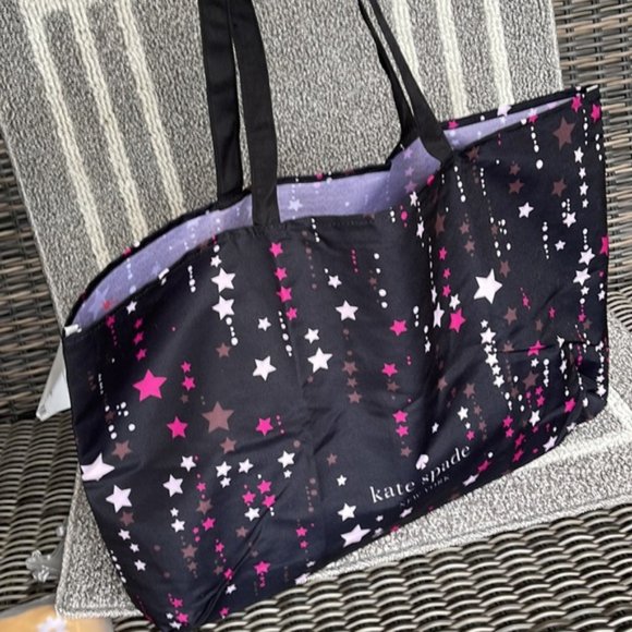 Kate Spade Black Multi Color with Light and Dark Pink Stars Canvas Tote XL - Picture 13 of 16